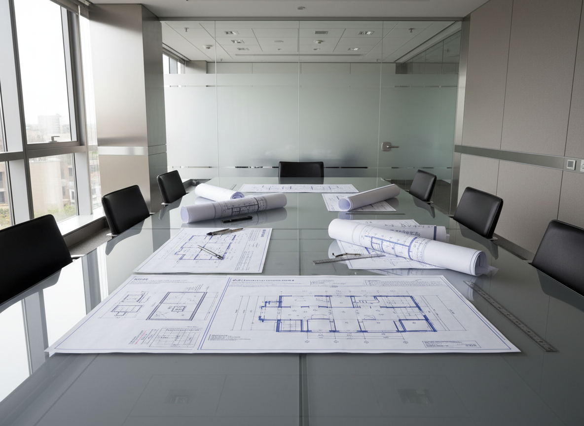 A meticulously organized set of technical blueprints and architectural schematics, laid out across a sleek grey glass conference table in a modern office environment. The table's surface is immaculate, reflecting the clean lines and sharp edges of the documents. Behind the table, a background of frosted glass partitions and subtle metallic accents supports a corporate, structured atmosphere. Bright, diffused daylight floods the room through large windows, highlighting the precision of the papers and creating gentle shadows across the workspace. Photographed from a slightly elevated, wide-angle perspective, the image captures the balance and order of the scene. The mood is calm, professional, and meticulously organized, embodying a clean, photographic style perfectly suited for a high-end consulting business focused on building technology integration.