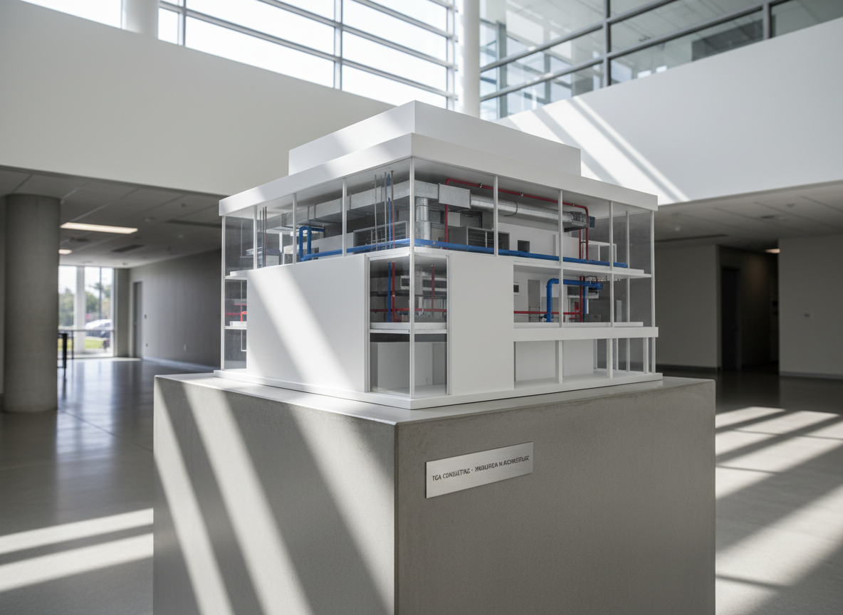 A modern, three-dimensional architectural model of a commercial building rendered in crisp white and soft grey materials, displayed on a polished concrete pedestal in a minimalist office foyer. The model's intricate internal building systems are subtly visible through transparent sections, demonstrating integrations of HVAC, electrical, and plumbing networks. Natural daylight pours in from high clerestory windows, casting distinct, linear shadows that accentuate the model’s geometries while keeping the space open and airy. Captured from a slightly low, frontal angle to enhance structure and depth, the composition is balanced and intentional. The atmosphere is sophisticated and forward-thinking, with a photographic realism and clean corporate style, ideal for representing TGA consulting innovation.
