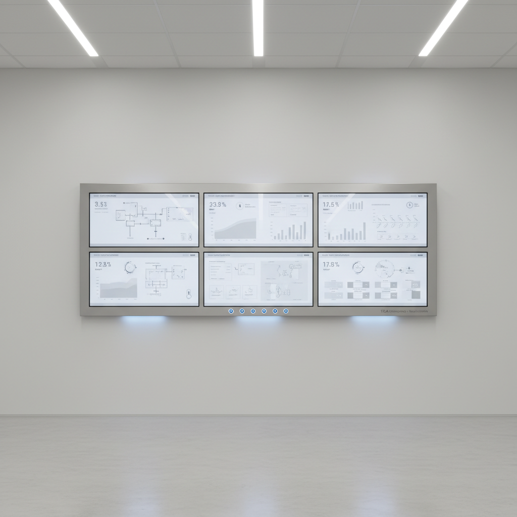 A pristine digital control panel for building systems, showcasing an array of illuminated touchscreens with crisp, neutral-toned interfaces and sleek aluminum framing. The panel is mounted on a matte white wall within a spacious, uncluttered technical room featuring subtle, recessed lighting fixtures. The lighting is cool and evenly distributed, producing soft reflections on the glass surfaces while casting precise, measured shadows below the interfaces. Shot at eye-level with symmetrical composition and sharp focus to highlight clarity and function, the overall mood is highly professional and cutting-edge. The image exemplifies structured layout and clean modernism, perfectly underscoring the technical expertise of a TGA consulting firm.