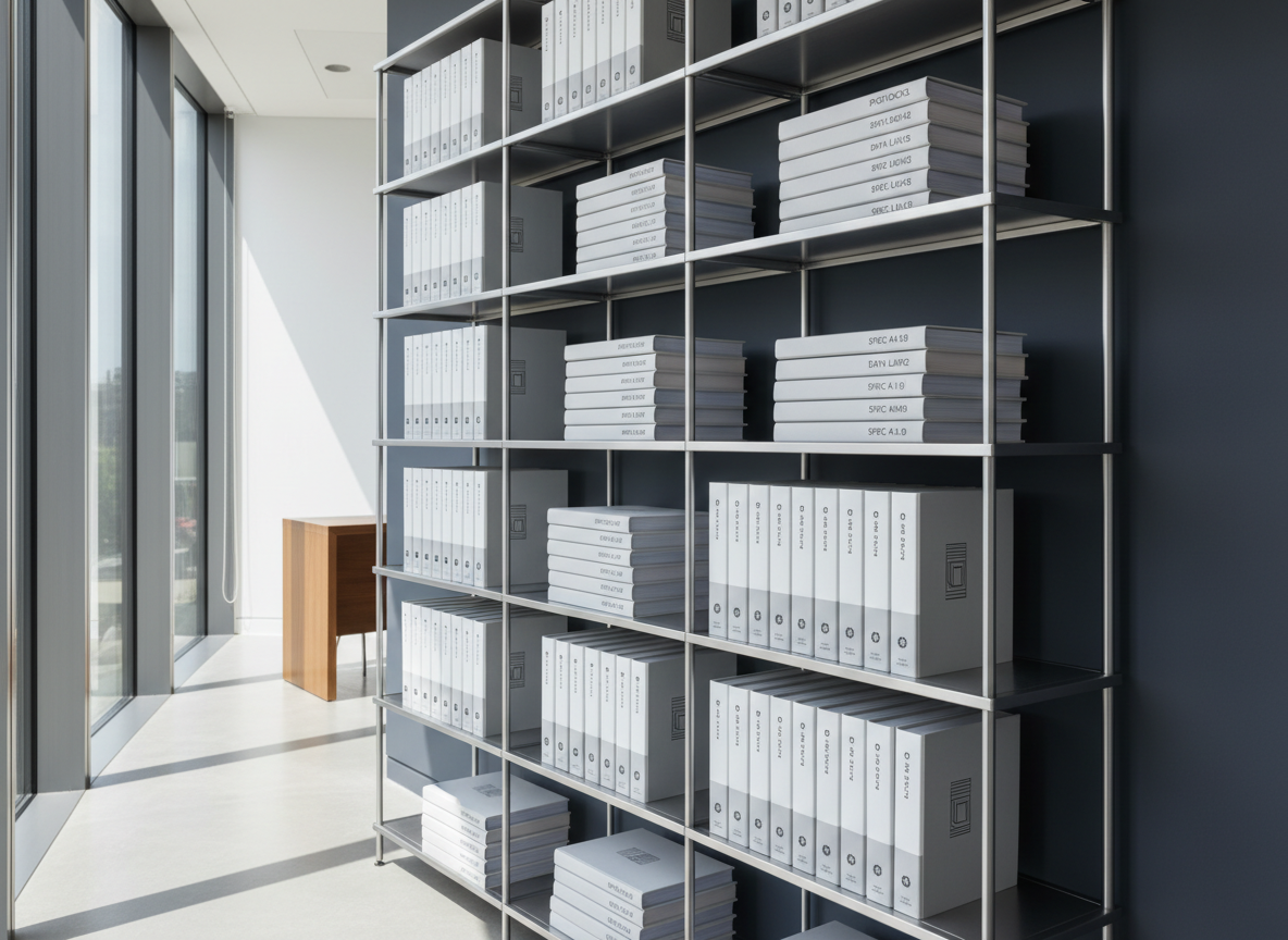 An elegant stack of technical manuals and specification binders with minimalist designs—white and grey covers with subtle embossed logos—arranged neatly on a custom-built open shelving unit of brushed aluminum. The unit stands against a slate grey accent wall in a contemporary, well-lit office environment. Daylight streams in from a nearby window, casting faint geometric patterns on the shelving and creating a sense of order and sophistication. The photograph is taken from an eye-level angle employing the rule of thirds to balance the shelving within the frame. The mood is composed, thoughtful, and highly professional, mirroring the knowledge-driven foundation of a consulting business. The style remains clean, structured, and photographic, emphasizing the intellectual rigor behind building technology expertise.